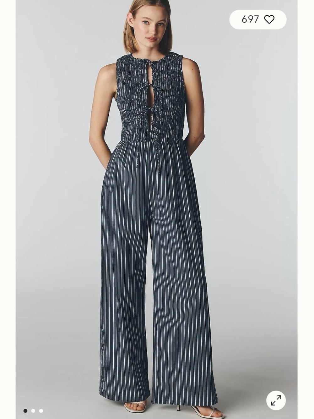 Anthropologie Navy and White Striped Smocked Wide-Leg Jumpsuit